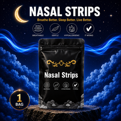SleepStream nasal strips applied across the bridge of the nose